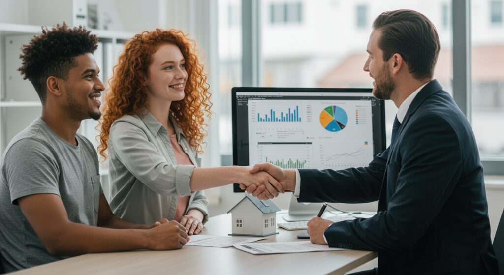 Conventional Mortgage Refinancing couple handshake mortgage officer worker, accept bank loan terms and rates feel satisfied. make financial deal, take credit, buying insurance cover, receive professional consult, sign contract concept