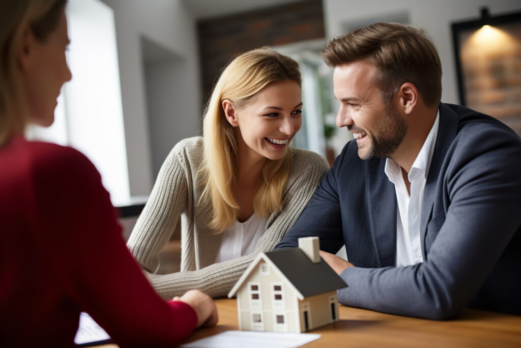 a banker sits across a desk, discussing home loan options with a young couple eager to purchase their first home