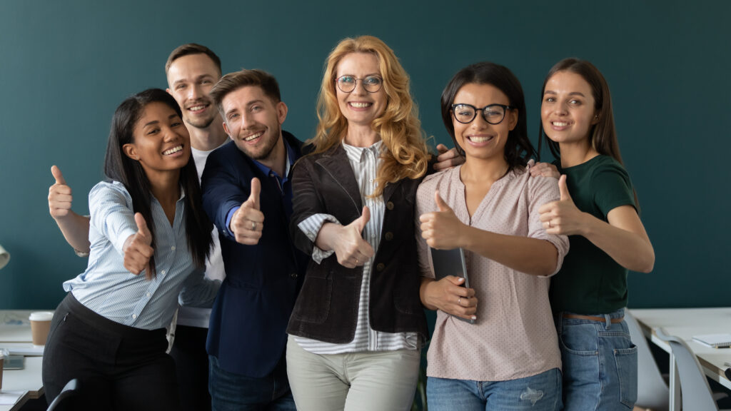 diverse multiracial employee show thumb up recommending course